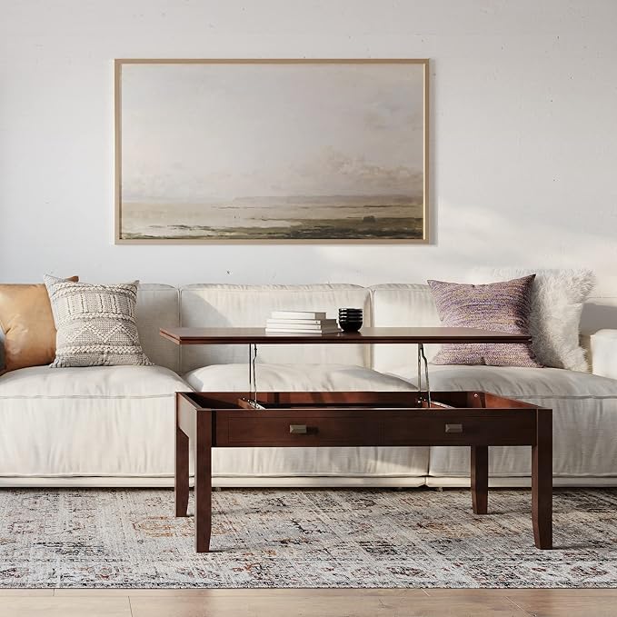 SIMPLIHOME Artisan Coffee Lift Top Table - 46 inch Wide Solid Wood Contemporary Cocktail Table in Russet Brown, Living Room with Hidden Storage Compartment, Open Shelf, and Square Knobs