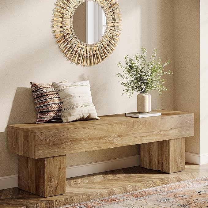 Tribesigns 63“ Extra Long Dining Bench, Farmhouse Wooden Entryway Bench, Indoor End of Bed Bench for Bedroom, Living Room, Dining Room, Hallway, Light Brown