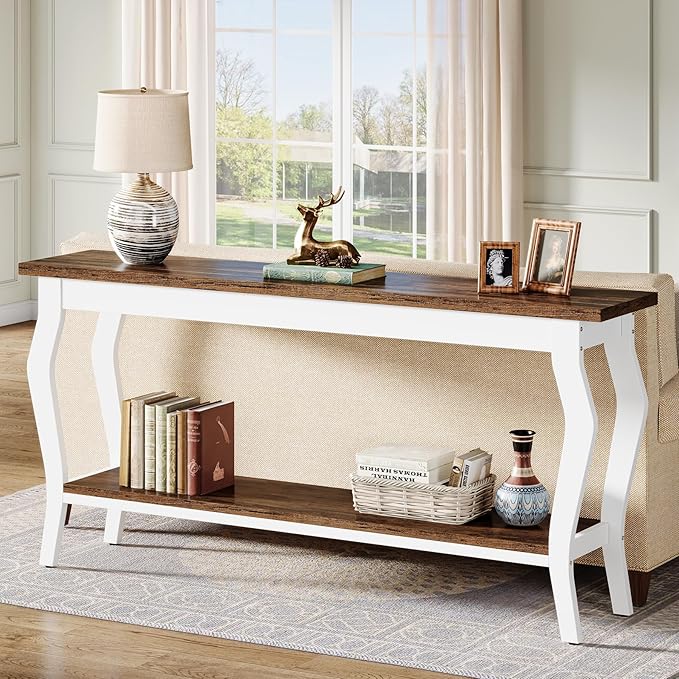 Tribesigns 70.9 Inches Extra Long Sofa Table Behind Couch, Vintage Console Entry Table with 2-Tier Storage for Hallway, Entryway, Living Room, White & Brown