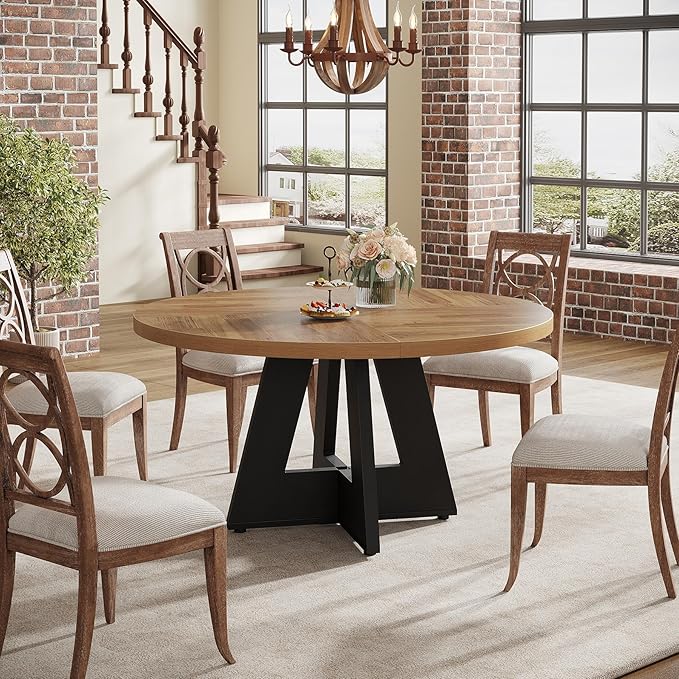 Tribesigns Farmhouse Dining Table, 47 Inch Round Dinner Table for 4, Rustic Round Dining Room Table for Home Dining Room Living Room (Walnut Brown+Black)