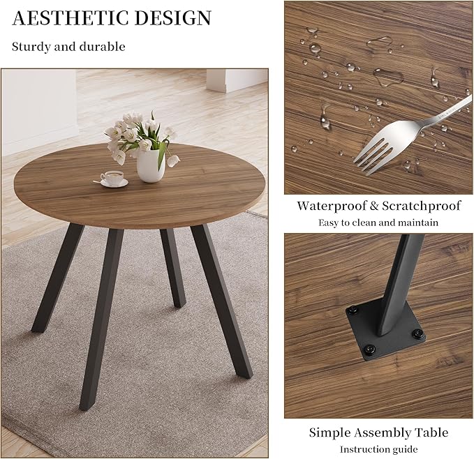 34.6'' Dining Table and Chairs for 2, Mid Century Modern Round Table Set, Space Saving for Apartment Kitchen Dining Room (Walnut Table+2 U-Shaped Black Chairs)