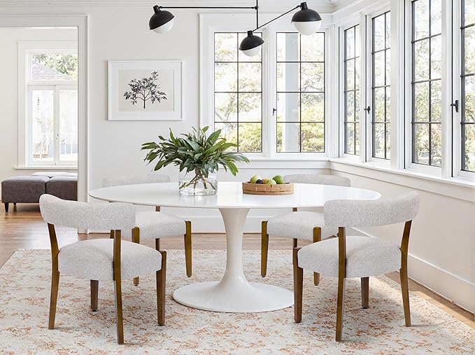Modern Dining Chairs Set of 4, Walnut Upholstered Kitchen & Dining Room Chairs, Mid Century Modern Wooden Dining Chairs Oversized Sturdy Rounded Chairs Curved Back, Beige Fabric