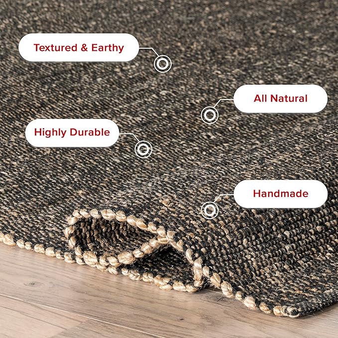 nuLOOM 8x10 Elfriede Jute & Cotton Hand Woven Area Rug, Charcoal, Solid Rustic Farmhouse Style, Weaved Design, Natural Fiber, For Bedroom, Living Room, Dining Room, Hallway, Office, Entryway