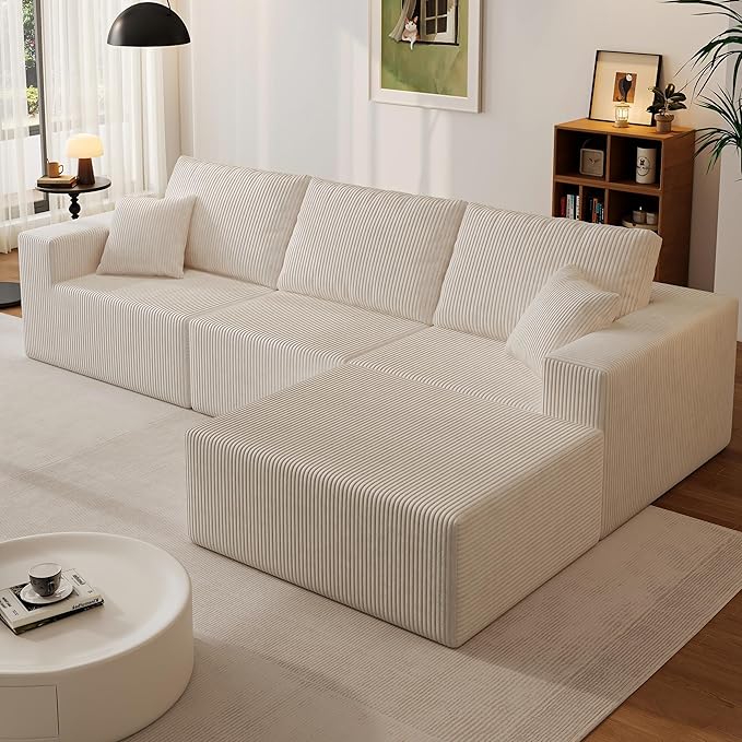 110" Boneless Cloud Sectional Couch for Living Room, Compressed Modular L-Shaped Sofa with Deep Seat, Frameless Corduroy Couch in Boxes, No Assembly Required 3-Seater (Right-Facing Chaise, Beige)