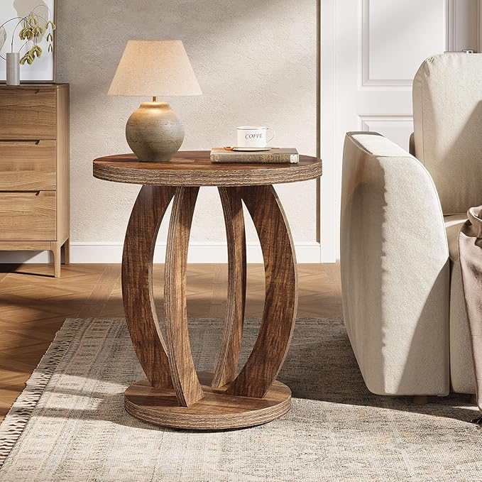 Tribesigns End Table, Round Side Table with Storage, Farmhouse Nightstand Bedside with Round Tabletop, Accent End Table for Living Room Bedroom Small Space, Wooden Accent Furniture (2, Dark Brown)