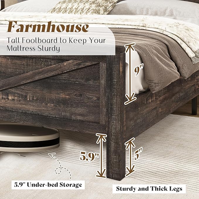 AMERLIFE Farmhouse Full Bed Frame with Storage Headboard & Charging Station, Rustic Wood Platform Bed with Barn Door Bookcase, No Box Spring Needed, Dark Oak Bedroom Furniture