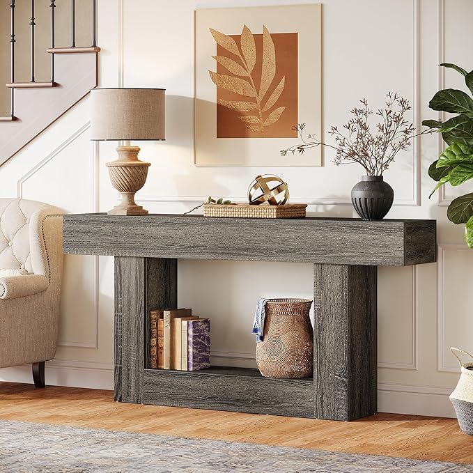 Tribesigns 63-Inch Long Console Table, 2-Tier Entryway Table Sofa Table with Storage, Farmhouse Wood Behind Couch Table for Living Room, Hallway, Rustic Gray