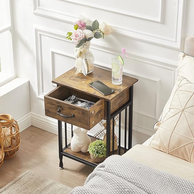 VECELO Nightstands, Industrial Side Table/End Tables with Drawer and Storage Shelf, Night Stands for Bedroom, Living Room, Wood Metal Furniture, Easy Assembly,Antique Brown,2 Sets