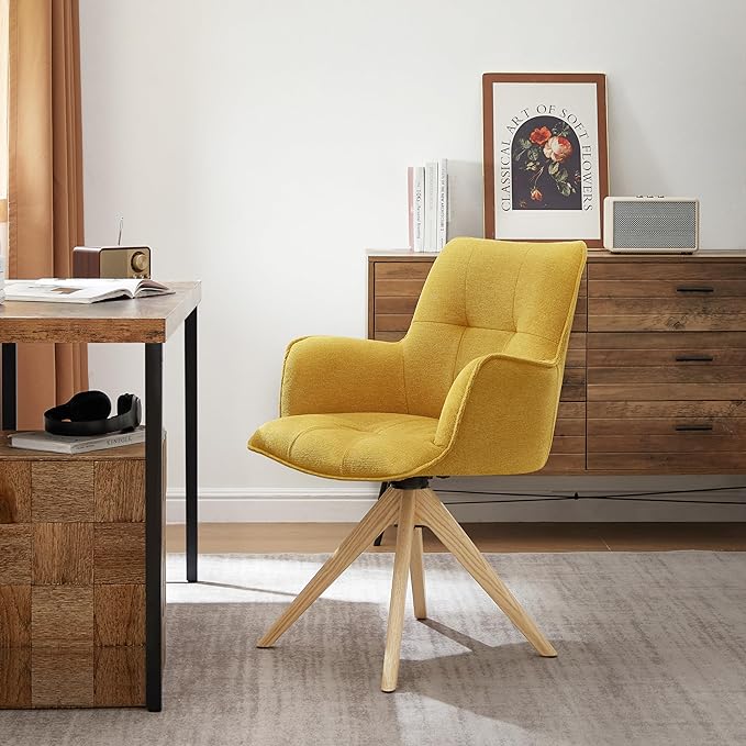Art Leon Mid Century Modern Desk Chair - Fabric Upholstered Office Chair No Wheels, Swivel Armchair with Oak Wood Legs for Small Space Living Room Bedroom, Set of 2, Yellow