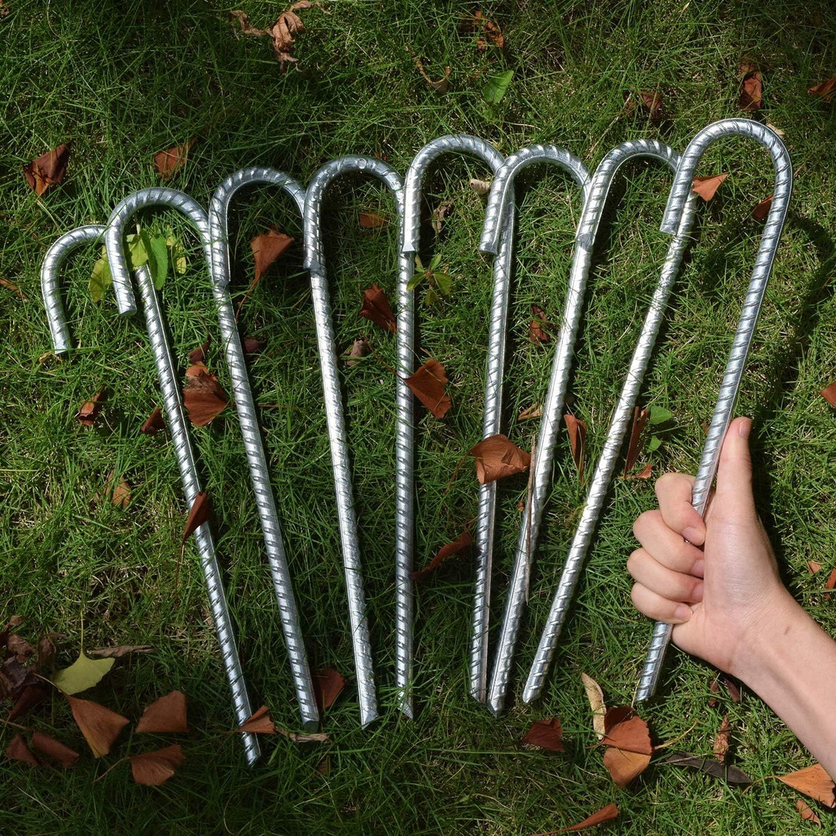 Rebar Stakes 16 inch, 3/8" Diameter Heavy Duty J Hook Stakes 8 Pack, Galvanized Anti-Rust Ground Anchor Long Tent Stakes for Dog Fence Trompoline Swing Set