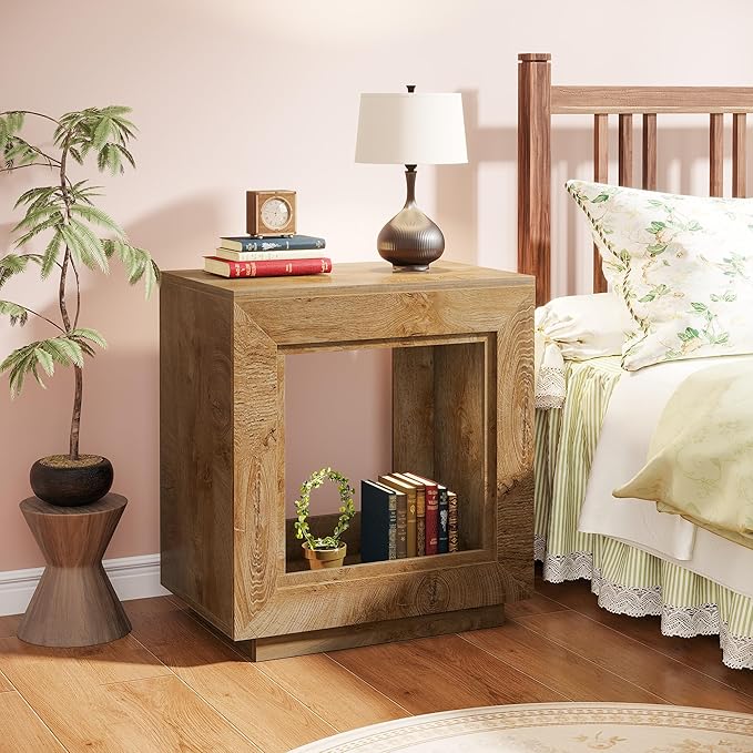 Tribesigns Rustic Wood End Table, 2 Tiered Square Side Table with Storage Shelf, Industrial Sofa Side Table for Living Room, Entrance (1, Natural)