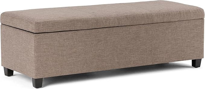SIMPLIHOME Avalon Storage Ottoman Bench - 48 inch Wide Upholstered Linen Look Fabric Rectangular Lift-Top Ottoman in Fawn Brown, Contemporary Storage Bench for Living Room with High-Density Foam