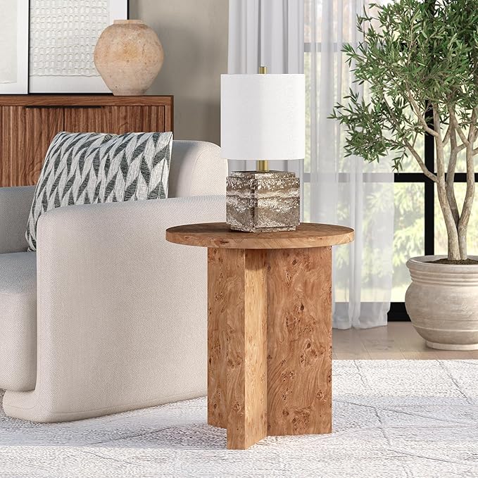 Henn&Hart 20" Scandinavian Round Wooden End Table, Side Table, Nightstand with X-Base for Living Room, Office, Family Room, or Bedroom, Honey Burl