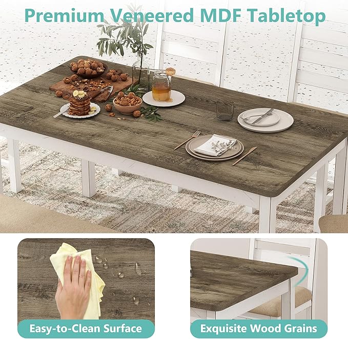 Farmhouse Dining Table Set for 6 Person, 59" Kitchen Table Set with 6 Upholstered Chairs, White Rectangular Dinner Room Table & Chairs Set Rustic Wood Stable (6 Chairs)