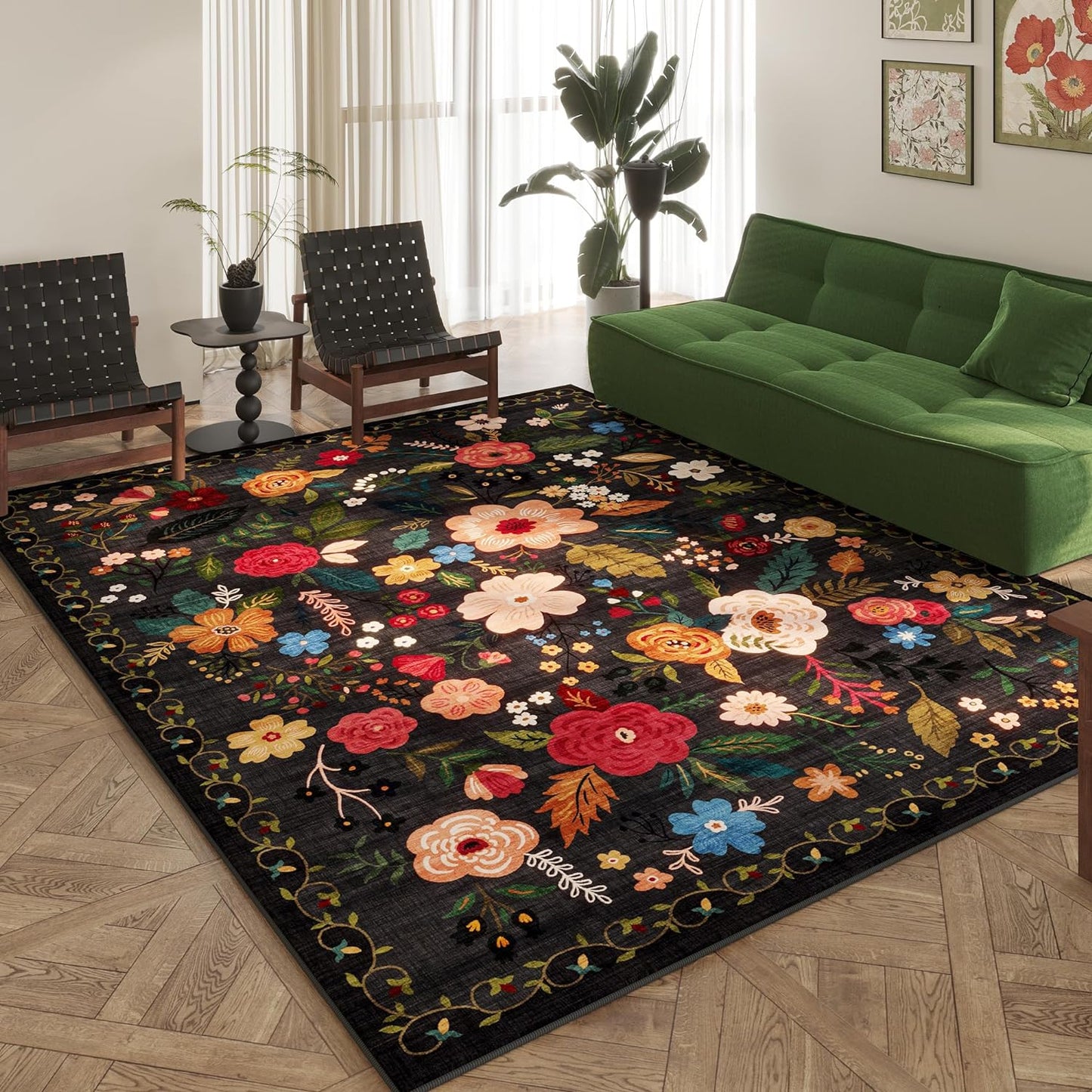 Area Rugs 8x10 Rug for Living Room Clearance Washable Boho Area Rug Non Slip Floral Vintage Low Pile Large Rug for Living Room, Bedroom, Farmhouse, Dining Room, Kids Playroom(Black)