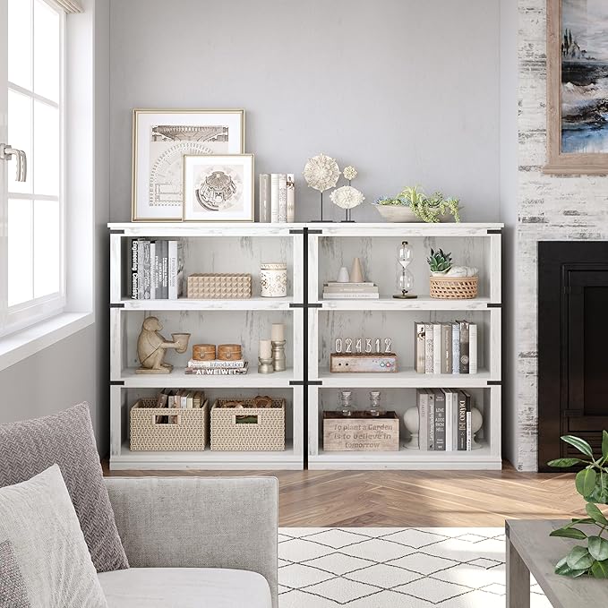 IDEALHOUSE 3 Tier Bookcase, Farmhouse Book Shelf with Storage, Low Book Case Wooden 3 Shelf Bookcase for Home Office, Living Room, Bed Room (White, 40.0" H x 31.5" W x 12.2" D)