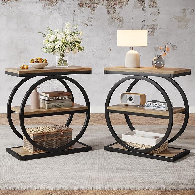 Tribesigns Side End Table with 3 Storage Shelves Set of 2, Industrial Sofa Table with Round Metal Frame for Living Room, Engineered Wood Nightstand for Bedroom, Oak