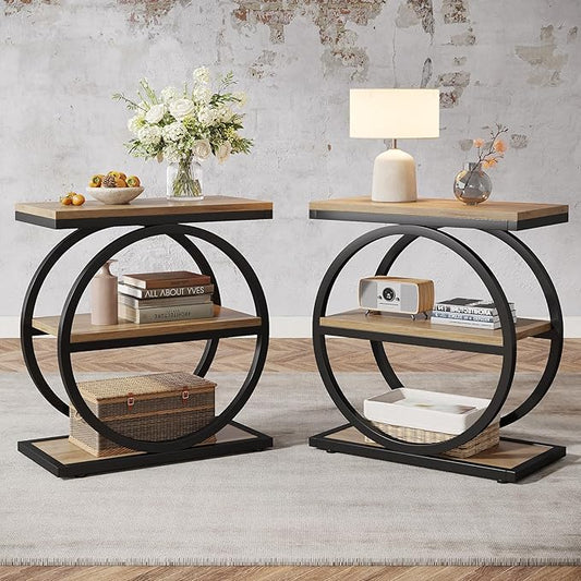Tribesigns Side End Table with 3 Storage Shelves Set of 2, Industrial Sofa Table with Round Metal Frame for Living Room, Engineered Wood Nightstand for Bedroom, Oak