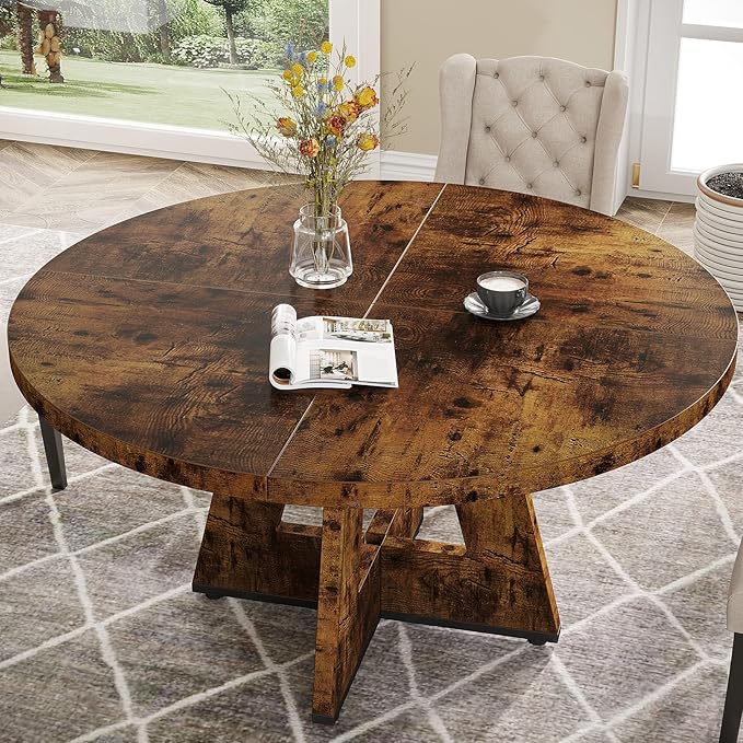 Tribesigns Round Dining Table for 4, 47 inch Farmhouse Circle Kitchen Table with Wooden Pedestal Base for Kitchen, Dining Room, Living Room (Rustic Brown)