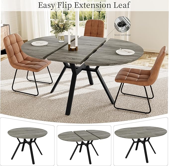 43.3"-59.1" Extendable Round Dining Table for 4-6 People, Modern Kitchen Oval Dining Table with Flexible Leaves Space Saving, Metal Base for Kitchen Dining Room (Grey)