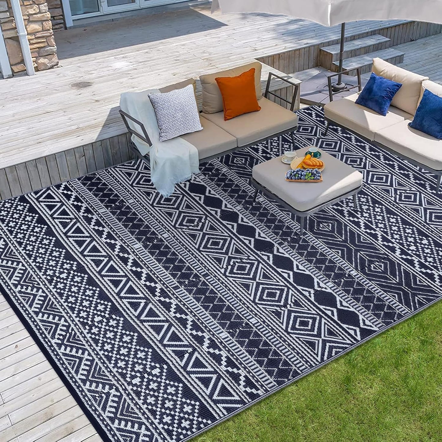 GAOMON Outdoor Rug Waterproof 8'x10', Reversible Outdoor Plastic Straw Rug, Boho Patio Rug, Indoor Outdoor Carpet, RV Mat Outside for Patio, Camp, Picnic, Balcony, Deck, Dark Blue/White(Bohemia)