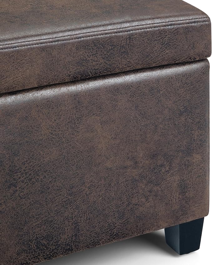 SIMPLIHOME Avalon Storage Ottoman Bench - 48 inch Wide Upholstered Vegan Leather Rectangular Lift-Top Ottoman in Distressed Brown, Contemporary Storage Bench for Living Room with High-Density Foam