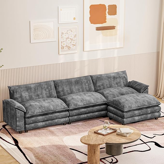Furniwell Modular Sectional Sofa with Moveable Ottoman, Oversized 3-Seater Couch with Supportive Backrest, Chenille Convertible Sofa Couches for Living Room/Apartment (Grey, L Shaped)
