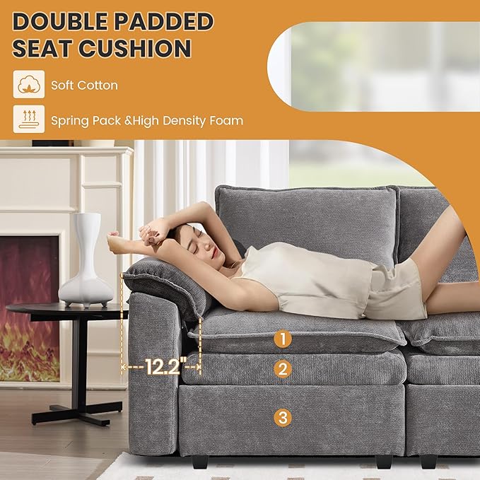 130" U Shaped Modular Sectional Sofa, Couch with Ottoman Storage, Chenille Cloud Couch with Plush Deep Seating for Living Room, Bedroom (9 Seat, Light Grey)
