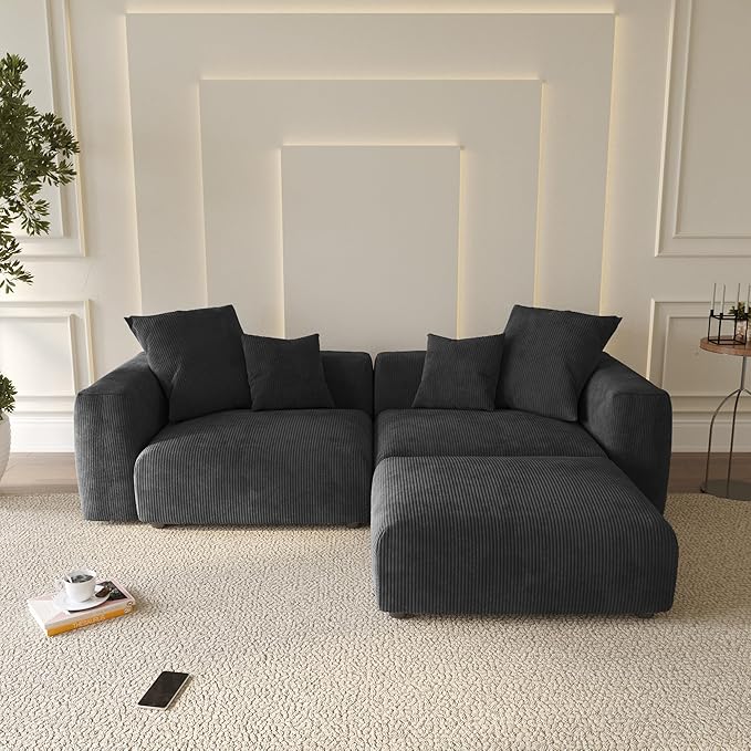 WJShome Cloud Couch Modular Sectional Sofa,102inch L Shaped Sofa with Ottoman,Black 3 Seater Corduroy Couch,Convertible Sectional Sofa for Living Room,Cushion Covers Removable& Washable