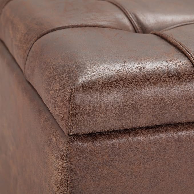 SIMPLIHOME Harrison 36 inch Wide Transitional Square Coffee Table Storage Ottoman in Distressed Umber Brown Vegan Faux Leather, Assembled, For the Living Room and Bedroom