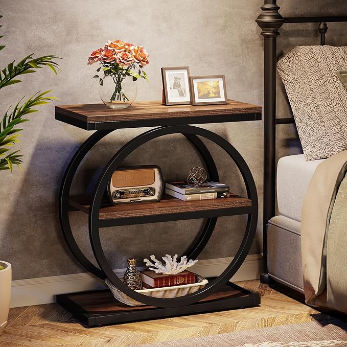 Tribesigns End Table, Narrow End Table with 3 Storage Shelves, Wood Side Table with Black Metal Frames, Industrial Small Sofa Side Table for Living Room, Slim Nightstand and Bedside Table for Bedroom
