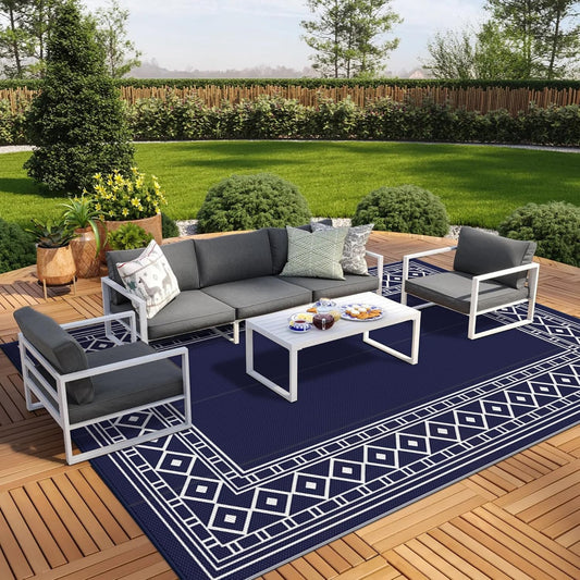GENIMO Outdoor Rug Waterproof Area 10'x14' for Patio, Foldable Reversible Plastic Straw Carpet for Travel Trailers, Outside Mat for Rv, Deck, Picnic, Porch, Camper, Balcony, Beach, Blue & White