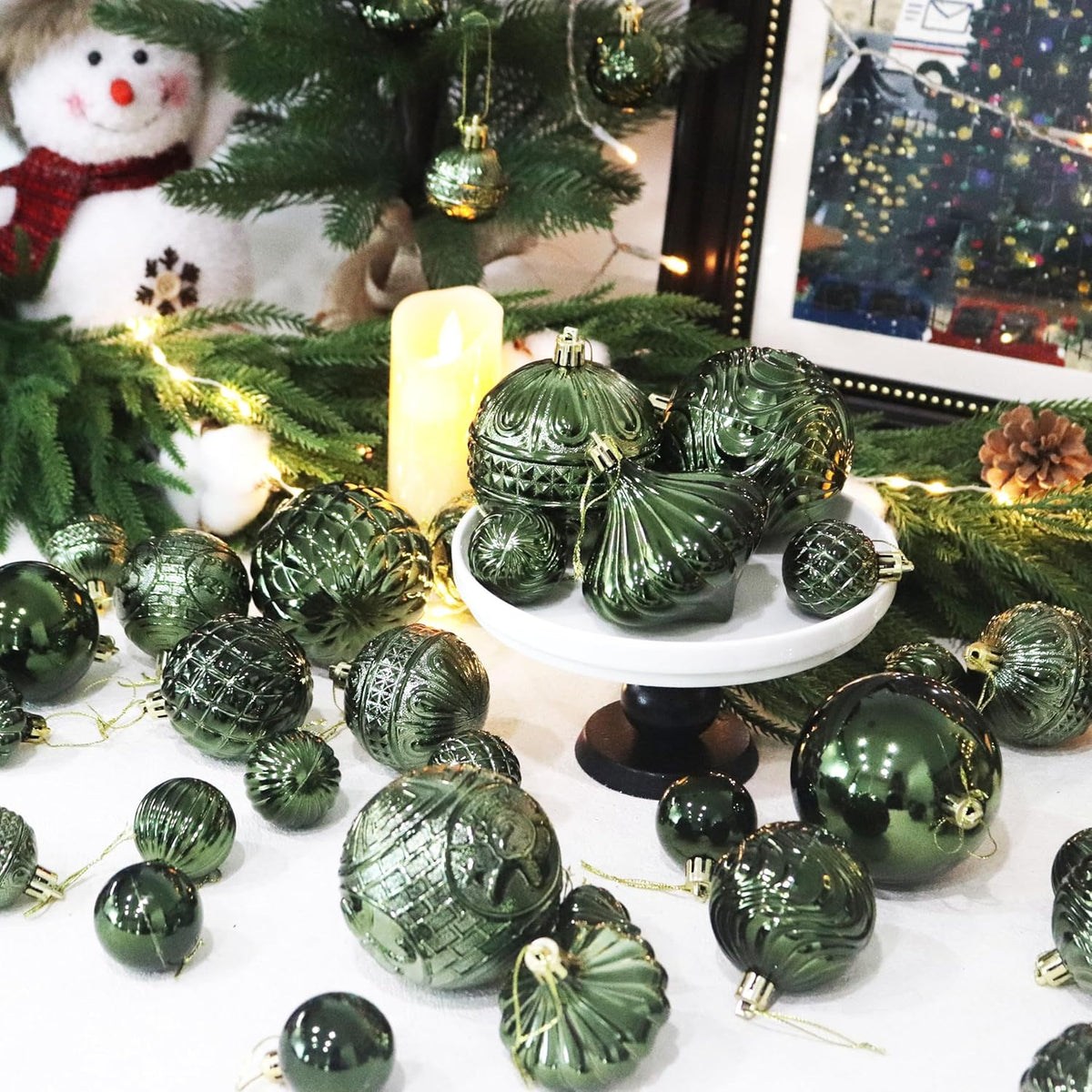 Christmas Ornaments Set with 36pcs Shatterproof Christmas Tree Decorations Multi-Size Christmas Ball Ornaments with 7 Styles Dark Green