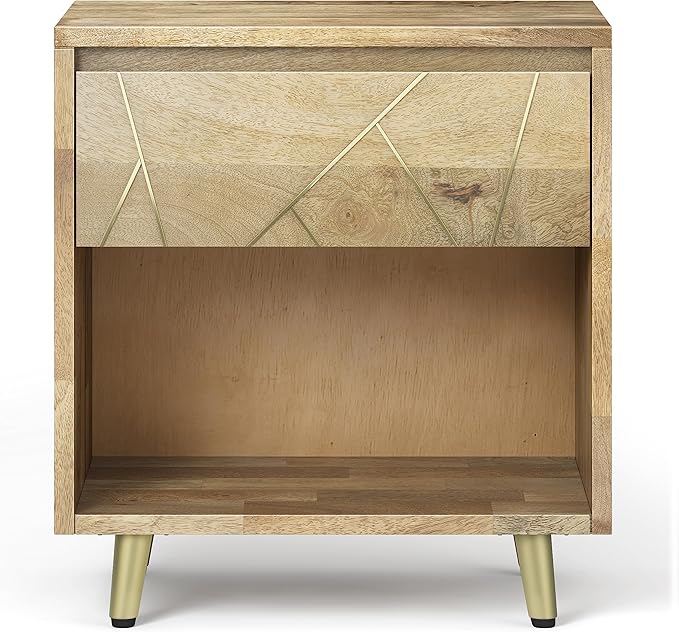 SIMPLIHOME Jager Bedside Table - 22 inch Wide Solid Mango Wood Nightstand in Natural, Mid Century Contemporary Bedroom Side or End Table with Brass Metal Inlay, 1 Drawer, and Open Storage