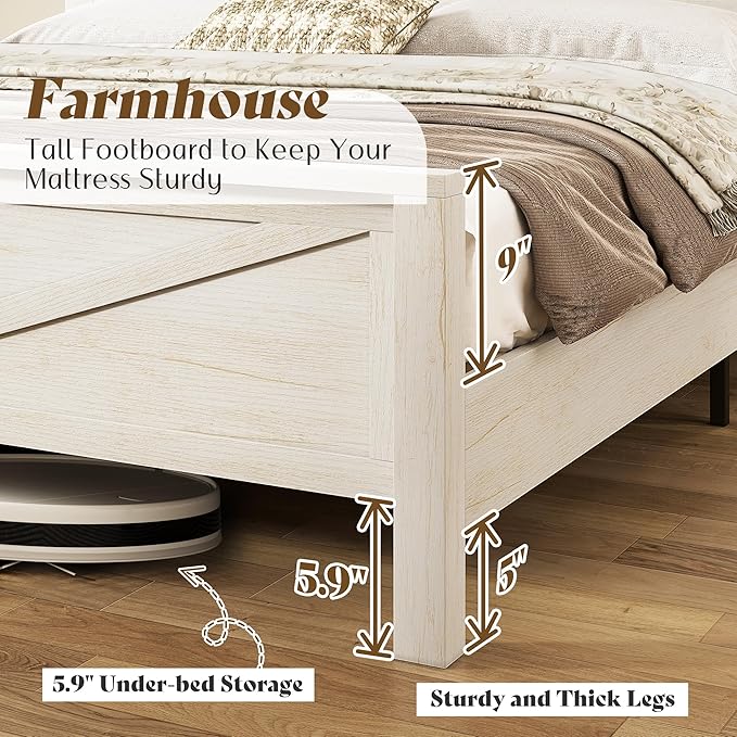 AMERLIFE Farmhouse Queen Bed Frame with Storage Headboard & Charging Station, Rustic Wood Platform Bed with Barn Door Bookcase, No Box Spring Needed, Antique White Bedroom Furniture
