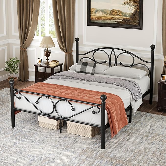 Metal Queen Single Bed Frame with Storage Space, 82.7" in Steel Bed Frame with Protective Foot Pads, Strong Bearing Capacity Queen Size Bed, Easy Assembly, Underbed Storage Space（40.1 inch）