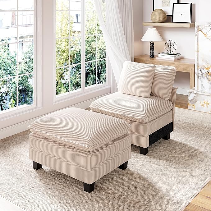 PHI VILLA Indoor Lounge Sofa Chair, One-Person Oversized Sectional Sofa with Ottoman, Single Chaise with Upholstered Deep Seat for Bedroom Reading, Corduroy Fabric, Beige