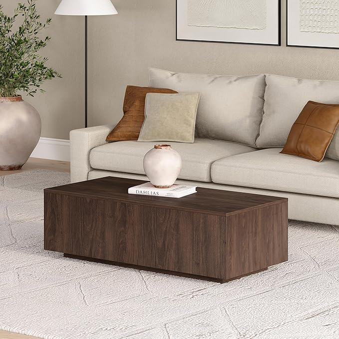 Henn&Hart 48" Rectangular Low-Profile Wood Coffee Table for Living Room, Family Room, or Office, Alder Brown