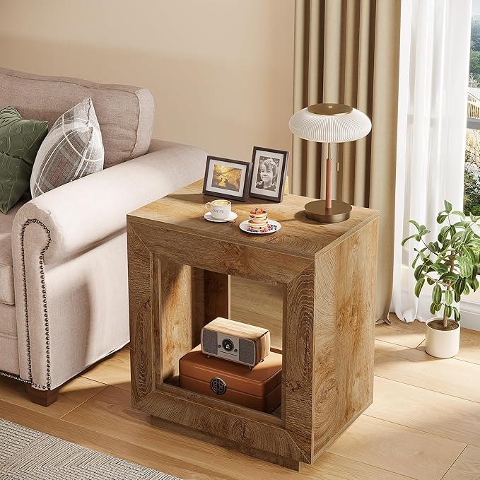 Tribesigns Rustic Wood End Table, 2 Tiered Square Side Table with Storage Shelf, Industrial Sofa Side Table for Living Room, Entrance (2, Natural)