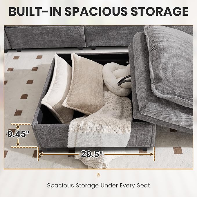 130" U Shaped Modular Sectional Sofa, Couch with Ottoman Storage, Chenille Cloud Couch with Plush Deep Seating for Living Room, Bedroom (6 Seat, Light Grey)