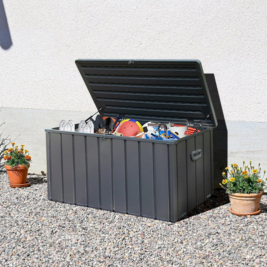 Domi Outdoor Deck Box 100 Gallon, Waterproof Lockable Steel Outdoor Storage Container with Resin Lid for Outside Cushions, Garden Tools and Pools Equipment (Gray)