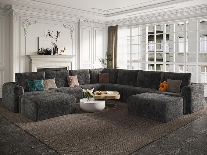 EASE MOOSE Oversized Sectional Cloud Couch, 9-Seat Modular Boneless Sofa Set with Deep Seat, No-Assembly Chenille Sofa for Living Room, Dark Grey
