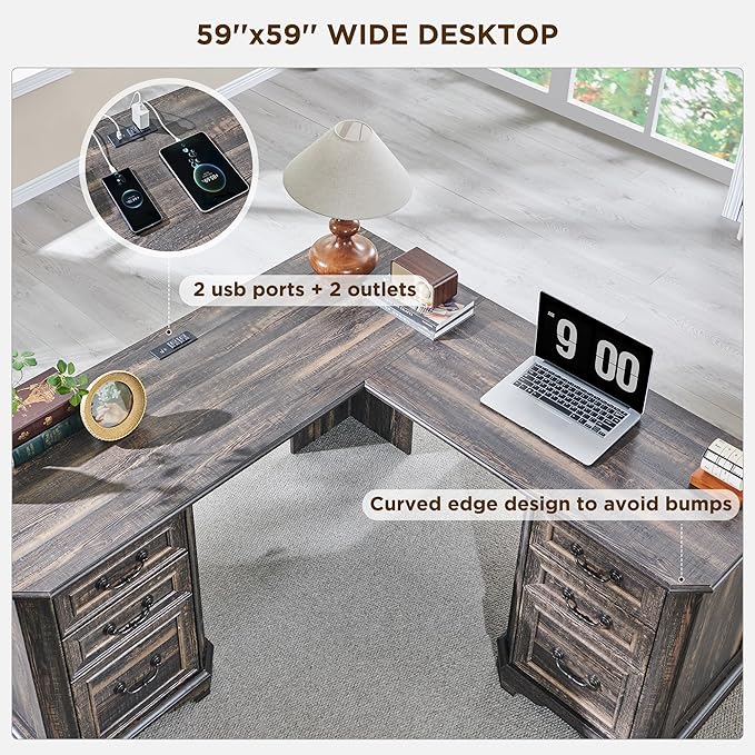 T4TREAM L Shaped Desk with Drawers,59" Farmhouse Wood Home Office Executive Desk,Charging Station,File Drawer, Storage Cabinet,Computer Desk for Work and Study (Dark Rustic Oak)