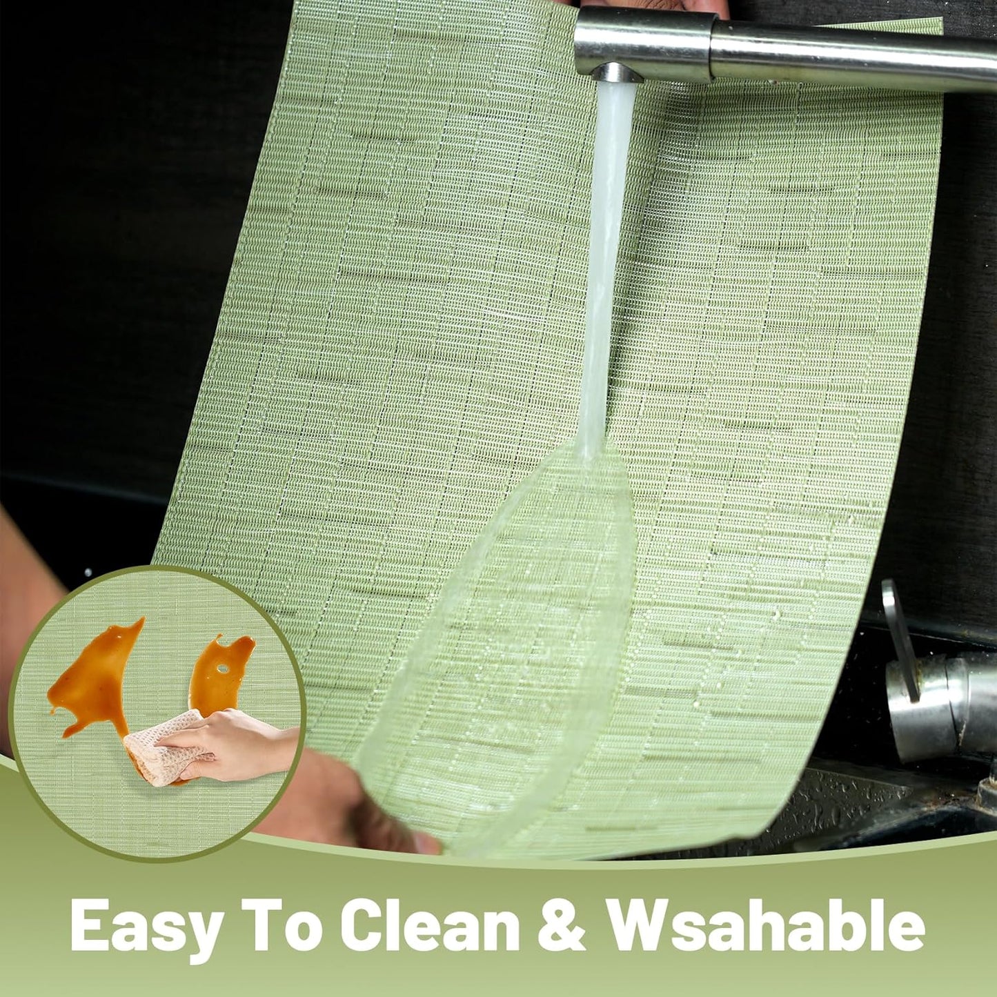 Placemats Set of 6，Non-Slip PVC Weave Table Mats Easy to Clean，Heat Resistant Place Mats for Kitchen Dining Table Decoration Indoor Outdoor，Pea Green