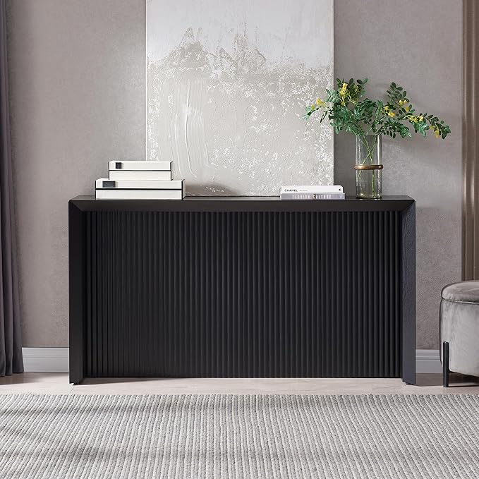 Henn&Hart 56'' Wooden Rectangular Fluted Console Table Entryway Table, Sofa Table for Entryway, Living Room, Couch, Hallway, or Office, Black Grain