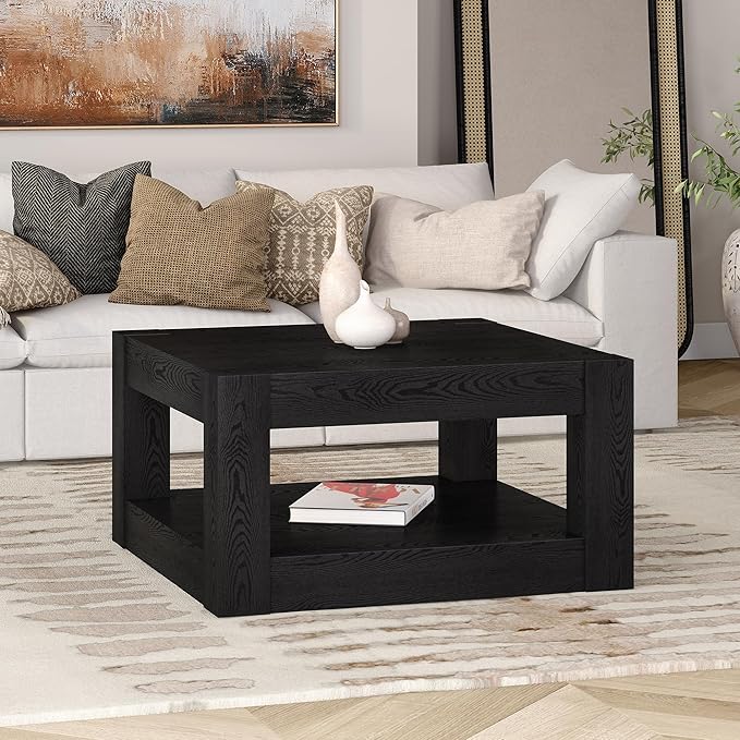 Henn&Hart 32" Wide Square Coffee Table in Natural Black, for Home, Living Room, Bedroom, Entertainment Room, Office