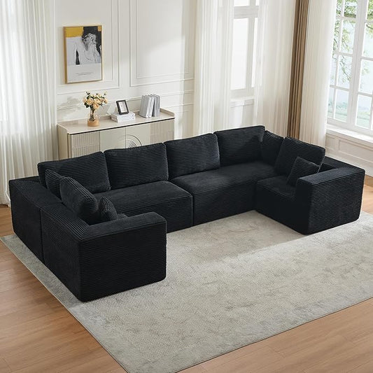 Modular Sectional Cloud Couch for Living Room,Modern Boneless Couche Set with Plush Corduroy,Comfy Floor Sofa with Memory Foam,Stupendous U Shaped Sofa,No Assembly Required,Black