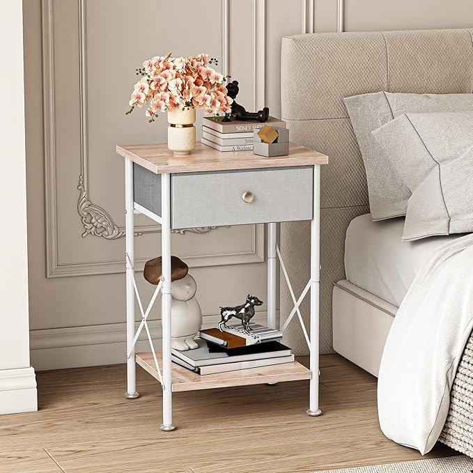 VECELO End Tables, Modern Nightstand with Fabric Drawer & Open Shelf, Night Stand for Bedroom Living Room, Industrial Metal Frame, Easy Assembly, Light Brown,2 Pack