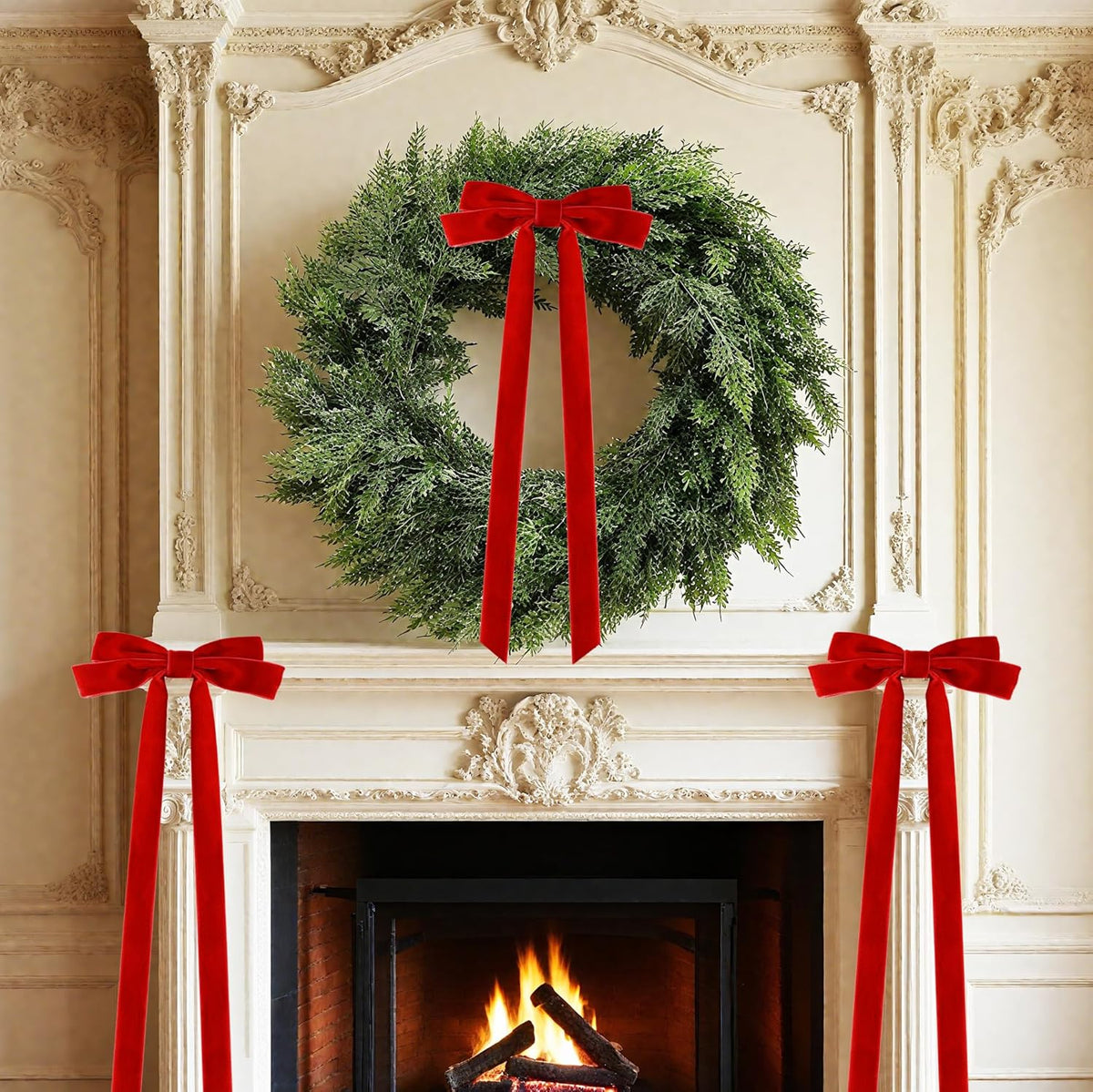 Senjie 10Pcs Large Velvet Christmas Tree Bows, 20in x 8in Premade Vintage Ribbon Tree Topper Bows Ornaments for Staircase Garland Wreath Holiday Home DIY Crafts Decorations, Red