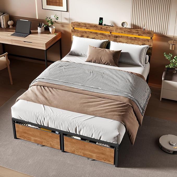 Forestell Full Size Bed Frame with Wood Headboard, Metal Platform Bed with 2 Storage Drawers & Shelf, Built in Charging Station & LED Lights, No Box Spring Needed, Vintage Brown, Camas Full